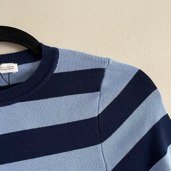 Zara Women S Blue Striped Ribbed Knit Crew Neck Pullover Basic Cropped Sweater - Picture 6 of 9